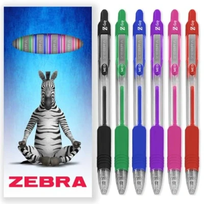 Image of Zebra Pen Z Grip Retractable Ballpoint Pens 1.0mm Nib Pack of 6 In Cardboard Gift Box School, Writing, Work, Office (Assorted)