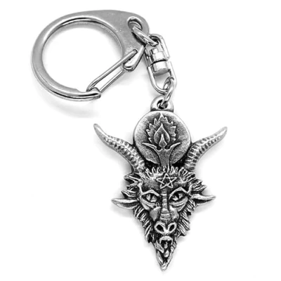 Image of Baphomet Sabbatic Horned Goat Occult Push Gate Keyring with Grey Burlap Pouch