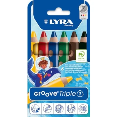 Image of LYRA Groove Triple One Wooden Chunky Colouring Pencils 3 in 1, 6 Assorted Colours, Ideal for Children and Schools