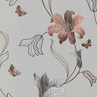 Image of Muriva Amilia Floral Flowers Metallic Butterfly Butterflies Wallpaper Embossed Vinyl Foiled 10m Roll [Stone Rose Gold 701410]