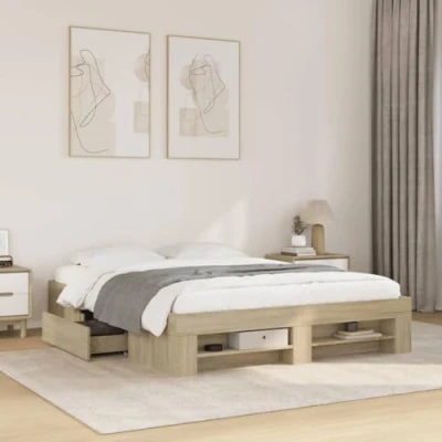 Image of vidaXL Sonoma Oak Double Bed Frame Modern Bedroom Furniture, Low Floor Design, Engineered Wood and Pine 160x200cm