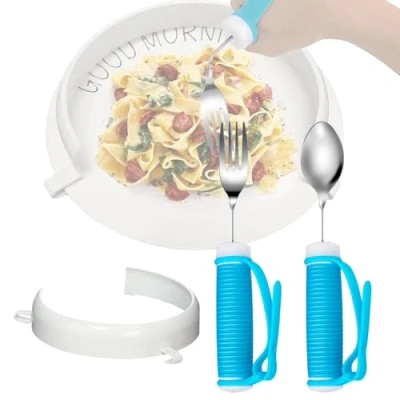 Image of Elderly Aid Tableware Sets Food Guard for Plates &amp; Spoon Fork Eating Daily Assistant Accessories Parkinson Disabled, Handicapped