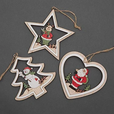Image of SHATCHI Christmas Tree Ornaments Wooden Aesthetic Hanging Decorations set of 3 pcs Xmas DIY Holiday Home Décor Tree, Star, Heart Shape Snowman, Reindeer, Santa pieces(11.5cm)