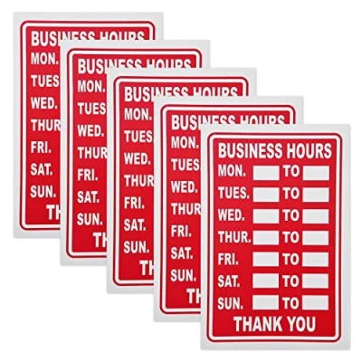 Image of 5 x Business Hours Sign Red High Contrast Opening Closing Times Shop Door Notice