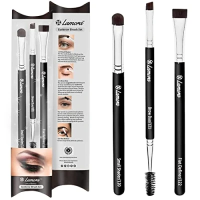 Image of Eyebrow Brush Duo Eye Brow Spoolie Angled Eyeshadow Eyeliner Precision Flat Definer Small Shader Premium Quality 3 Piece Set Cruelty Free Synthetic Bristles Gel Powder Make Up Wax Pomade