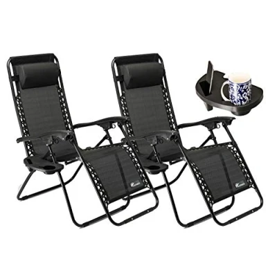 Image of SUNMER Set of 2 Sun Lounger Garden Chairs With Cup And Phone Holder Adjustable Headrest Pillow Deck Folding Recliner Zero Gravity Outdoor Chair Black