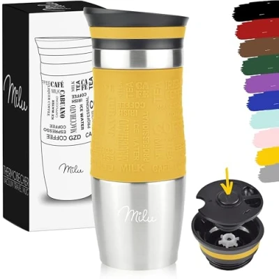 Image of Milu Thermo Mug 370ml 450ml Insulated Coffee to go 100% Leak Proof Stainless Steel Drinking Car Double Wall Insulation Travel (Mango, 370ml)