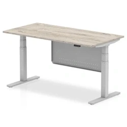 Image of Air 1600x800 Height Adjustable Desk Grey Oak Silver Leg Modesty Panel