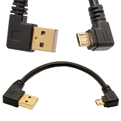 Image of HTGuoji 90 Degree USB 2.0 to Micro B Male Cable Gold Plated Right Angle Data Sync and Charge Extender Lead (10cm,Black)
