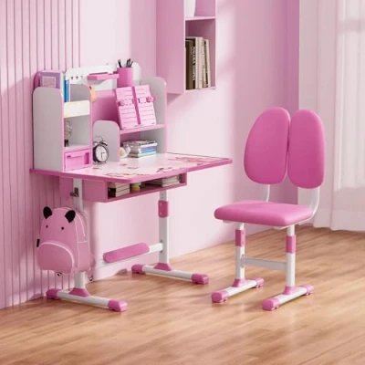 Image of Tuelaly Kids Desk and Chair Set,Height Adjustable Children&#039;s Desks with Spacious Storage Drawer,Golden Distance Preventing Myopia Design for School Home Study Writing (Pink 3)