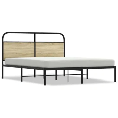 Image of vidaXL King Size Bed Frame Sonoma Oak/Steel 150x200 cm Engineered Wood Modern Bedroom Decor Sturdy Metal Legs Convenient Headboard