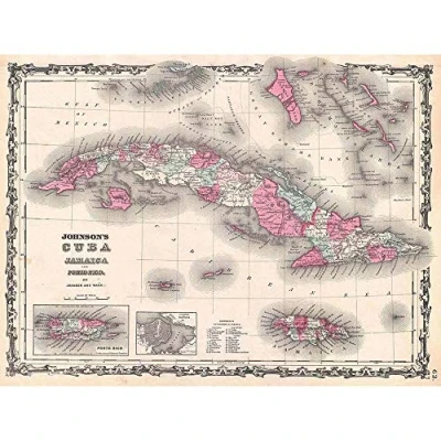 Image of Wee Blue Coo 1862 Johnson Map Cuba And Porto Rico Vintage Art Print Poster Wall Decor 12X16 Inch