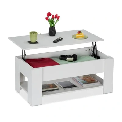 Image of Relaxdays Coffee Table, Lift Function, HWD: 42 x 98 50 cm, Living Room Desk with Storage Space, Modern, Shelf, White, Fibreboard