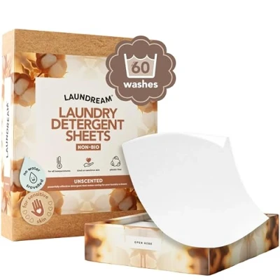 Image of LAUNDREAM by SARROSI Unscented Laundry Detergent Sheets 60 Loads Eco Friendly &amp; Non Bio Biodegradable, Hypoallergenic, Toxic Plastic Free Vegan Formula