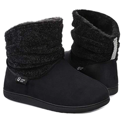 Image of LongBay Ladies&#039; Warm Chenille Knit Bootie Slippers Comfy Suedette Fluffy Faux Fur Memory Foam Boots House Slipper(5 6 UK,Black)