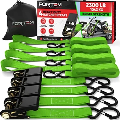 Image of FORTEM Ratchet Tie Down Straps, 4X 4.6m Securing Soft Loops 1043kg Break Strength, Rubber Coated Metal Handles, Plastic Hooks, Carrying Case (Green)