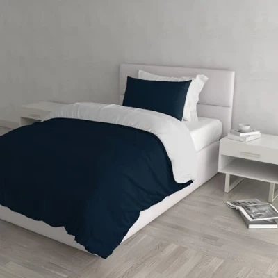 Image of Italian Bed Linen Natural Color Duvet Cover Set with Doubleface Solid Colour Bag Sheet and Pillowcase, 100% Cotton, Dark Blue/Light Gray, single