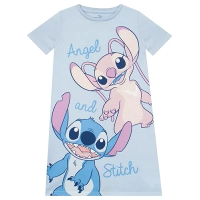 Image of Disney Lilo And Stitch Girls Nightdress Angel Nightie Short Sleeve Nightgown Official Merchandise Blue 6 7 Years