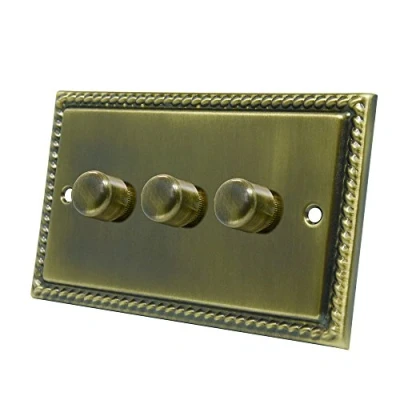 Image of Georgian Antique Brass LED 3 Gang Dimmer 250W 10 Amp Triple 2 Way Light Switch