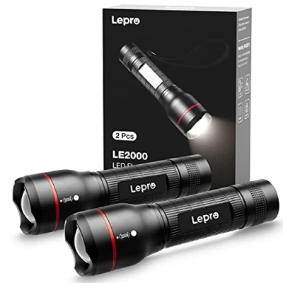 Image of Lepro 2 Pack LED Torch Super Bright, LE2000 Powerful Flashlight, Powered by AAA Battery, Water Resistant, 5 Modes, Zoomable, Pocket Size, Lightweight, for Camping, Run, Dog Walking