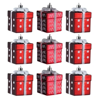 Image of Present Gift Box Christmas Tree Baubles Red White Candy Cane Style Set of 9