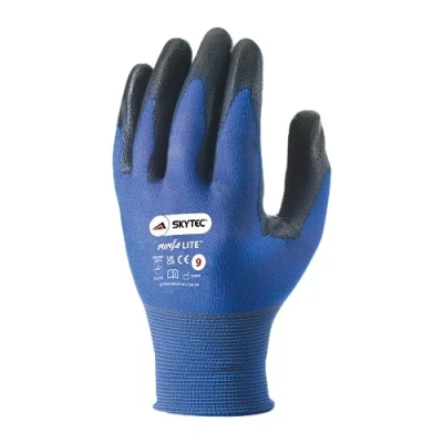 Image of Skytec Ninja Lite Ultra 1 Pack Blue Nylon Safety Work Gloves with Polyurethane (PU) Coating and Elasticated Knit Wrist (Medium)