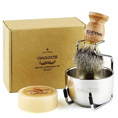 Image of Anbbas Badger Hair Shaving Brush Wood Handle and Stainless Steel Stand with 2 Layers Soap Bowl,Goat Milk 4in1 Set Perfect for Men Gift