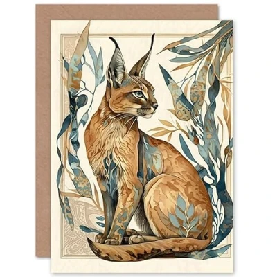 Image of Artery8 Caracal Cat with Teal Plants Modern Art Nouveau Watercolour Illustration Birthday Sealed Greeting Card Plus Envelope Blank inside