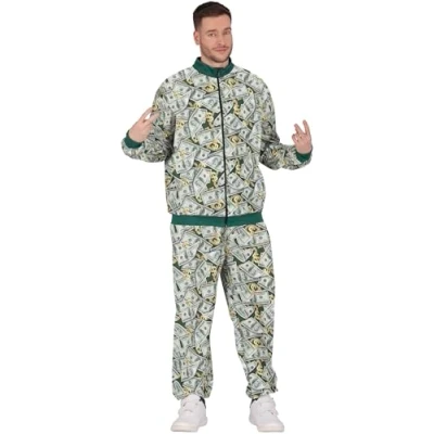 Image of FIESTAS GUIRCA 90s Hot Shot Dollar Bills Tracksuit Mens Fancy Dress Costume 80s Hip Hop Shell Suit Men Size M 38 40