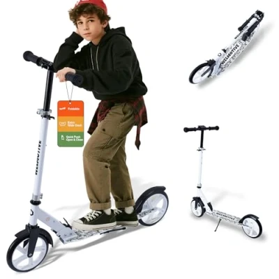 Image of Kick Scooter for Kids Ages 6+, Teens &amp; Adults, Adjustable Handlebars, Rear Brake, Big Wheel Foldable Indoor Outdoor (White)
