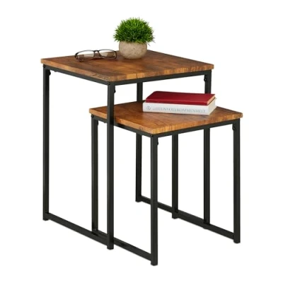 Image of Relaxdays Side Table Set of 3, Stackable, 3 Sizes, Coffee Counter, Square, Metal, Living Room Decor, Brown/Black, Iron, 54 x 40 cm
