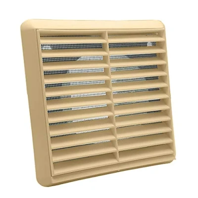 Image of Kair Beige Louvred Wall Vent Grille 155mm External Dimension with Flyscreen and Round 100mm 4 inch Rear Spigot