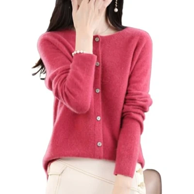 Image of TeysHa Women&#039;s Cashmere Cardigan Sweater,Wool Crew Neck Button Down Long Sleeve Sweater,Soft Warm Knit Elastic Jumpers (Raspberry red,Medium)