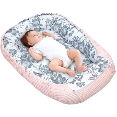 Image of Medi Partners Baby nest Pod Newborn Sleepyhead 100% Cotton Waffle 100x60x15cm Bed Pillow Accessories Cocoon for Babies (Berry with pink Waffle)