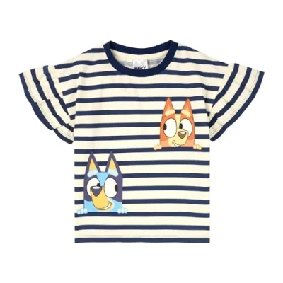 Image of Bluey Girls T Shirt Bingo Frilly Sleeved Striped Cotton for Official Merchandise (UK, Age, 4 Years, 5 Regular, Multicoloured)
