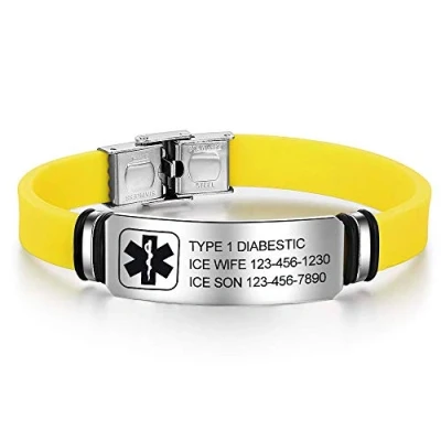 Image of Personalised Medic Alert Bracelet for Women Silicone Stainless Steel Band Emergency Medical Mens Bracelets Official ID Wristband with Badge Customised Engrave Text