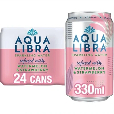 Image of Aqua Libra Sparkling Water, Sugar Free Fruit No Sugar, Calories, Strawberry &amp; Watermelon, 330 ml, Pack of 24 Cans