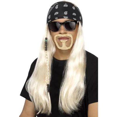 Image of Smiffys Hard Rocker Kit, Blonde with Wig, Bandana, Beard &amp; Glasses, 1980&#039;s Fancy Dress, 1980s Dress Up Wigs