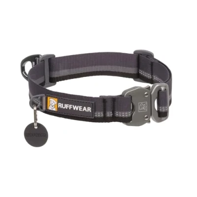 Image of RUFFWEAR Top Rope Small Dog Collar, Reflective Pet Collar with Aluminum V ring Lead Attachment &amp; Metal Buckle, Comfortable Strong Webbing for Walking, Size S (28 30cm), Basalt Grey