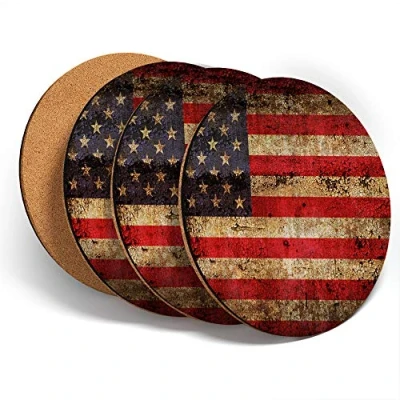 Image of Destination Vinyl ltd Great Coasters (Set of 4) Round Old Grunge USA America Flag Drink Glossy Coasters/Tabletop Protection for Any Table Type #45913