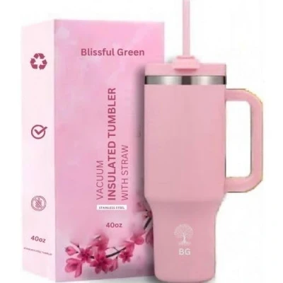 Image of Blissful Green 40oz Tumbler with Straw, Lid, Vacuum Insulated, Double Walled, Re uasble Stainless Steel, Travel Mug Handle, Coffee, Hot Cold Drinks (Pale Pink)