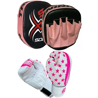 Image of Kids Boxing sparing, Training Gloves &amp; Punching Pads Rex leather Kids/Junior Bag Fitness Set Hook Jab Focus Punch Target Strike Mitts (Pink/White)