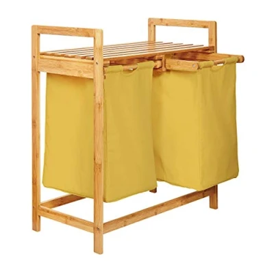 Image of Lumaland Bamboo laundry Basket with 2 extendable bags Size approx. 73 cm height x 64 width 33 depth, Colour: Yellow
