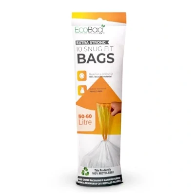 Image of EcoBag 10 Pack White Kitchen Drawstring Bin Liner 50 60L 28 Microns Heavy Duty, Extra Strong, Brabantia Compatible, Eco Friendly, Tear Resistant, Clear Recycling Bags (620 x 810mm)