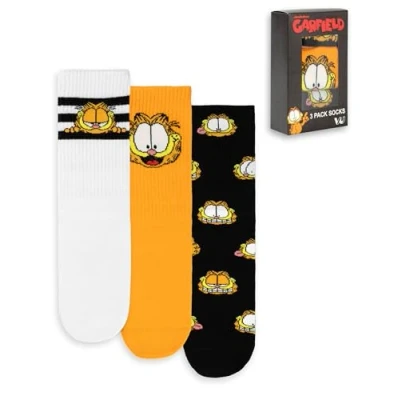 Image of Garfield Socks 3 Pack Unisex Adults Mens Womens Black White Orange Animated Lazy Tabby Cat Footwear Accessories Movie Merchandise
