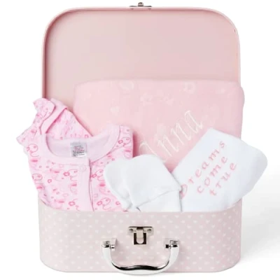Image of Personalised Baby Girl Gifts Hamper, New Born Girl, Pink Newborn Keepsake Box, Gift Set, for Girls