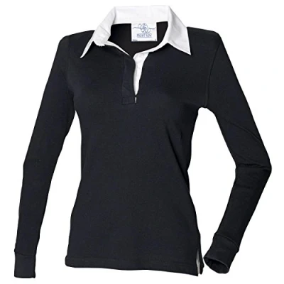 Image of Front Row Womens Ladies Long Sleeve Plain Rugby Style Shirt Black/White XL