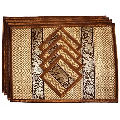 Image of Hand Woven Wicker Reed Placemats and Coaster Set Alternative to Plastic Heat Resistant Thai Style Durable Clean Perfect for Dining Table Décor of 4 (Medium Dark Gold)