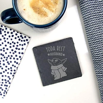 Image of eBuyGB Personalised Square Slate Coaster, Engraved Baby Yoda Star Wars Themed Drinks Mat, Funny Gifts for Partner (Yoda Best Husband)