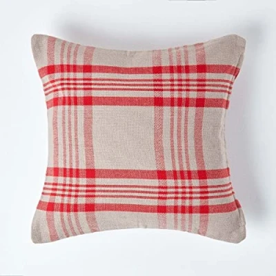 Image of HOMESCAPES Large Grey &amp; Red Tartan Cushion Cover, 100% Cotton, 24 x Inches or 60cm 60cm, A Great Fit for Sofa Settee as Display Cover your Bed Conservatory